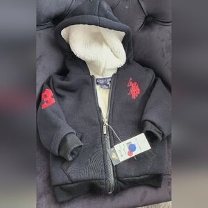 Polo  Hoodie with Cream Sherpa Lining and Red Logo